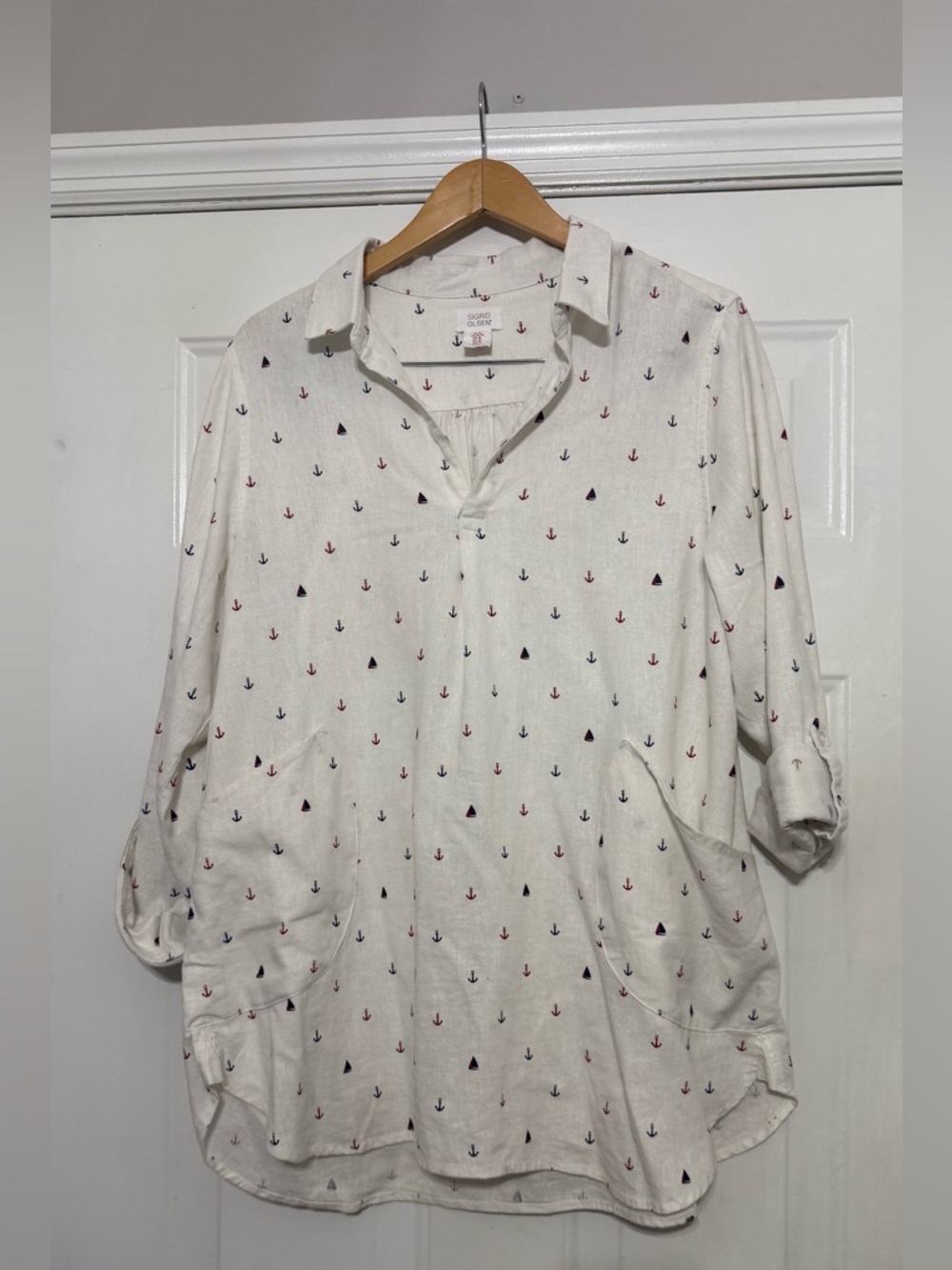 Sigrid Olsen Size XL Linen Blend Button Shirt - White with Navy & Red Anchors